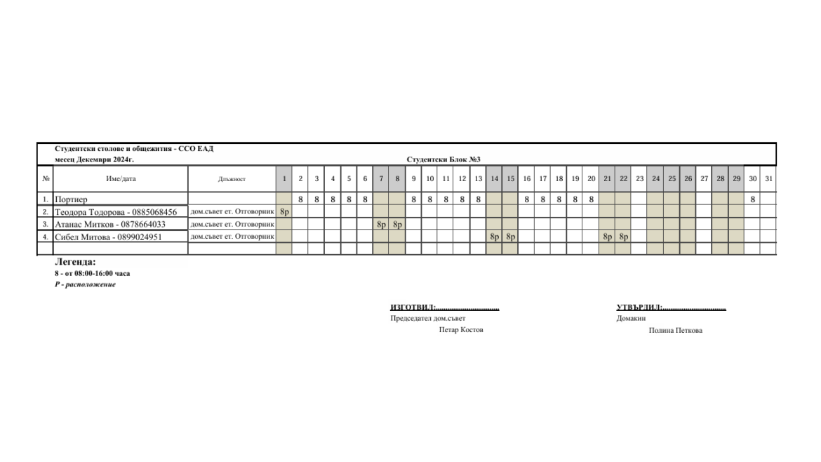 Работен график – Портал м. Декември 2024г.
