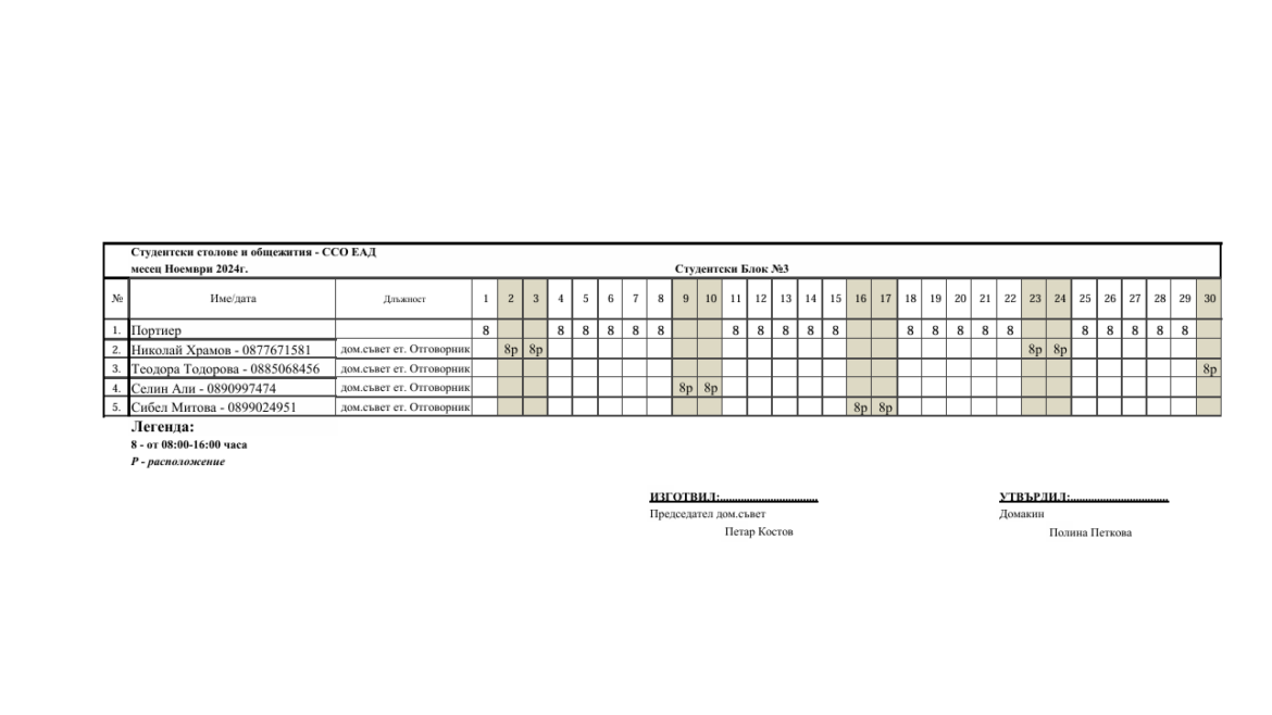 Работен график – Портал м. Ноември 2024г.